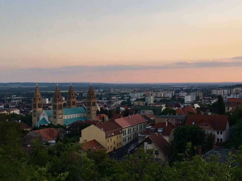 Blick auf Pécs in der Abenddämmerung, man sieht Kirchen, historische Gebäude und Wohnhäuser. im Vordergrund Bäume, im Hintergrund weite Landschaft und Felder